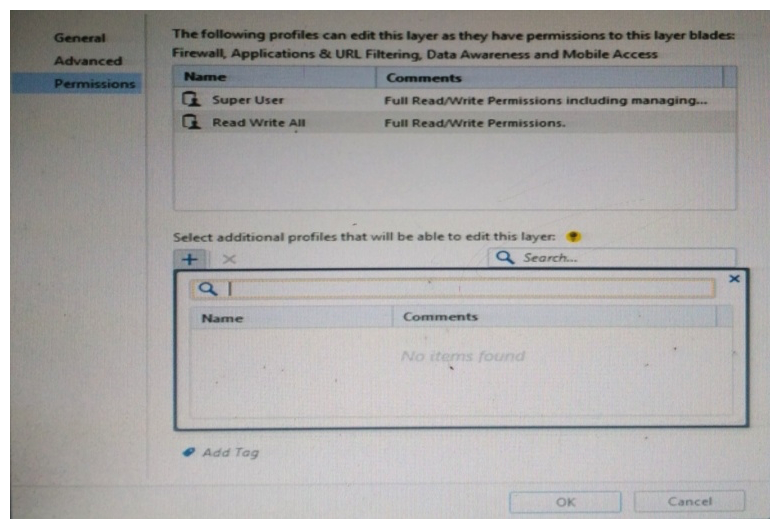 You want to define a selected administrator's permission to edit a layer. However, when you click the + sign in the  Select additional profile that will be able edit this layer  you do not see anything. What is the most likely cause of this problem? Select the BEST answer.   A)   Edit layers by Software Blades  is unselected in the Permission Profile B)  There are no permission profiles available and you need to create one first. C)  All permission profiles are in use. D)   Edit layers by selected profiles in a layer editor  is unselected in the Permission profile.