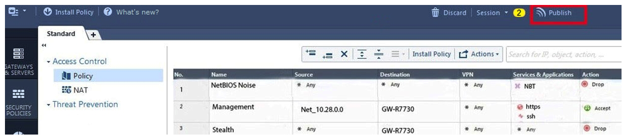 You are the senior Firewall administrator for Alpha Corp, and have recently returned from a training course on Check Point's new advanced R80 management platform. You are presenting an in-house overview of the new features of Check Point R80 Management to the other administrators in Alpha Corp.   How will you describe the new   Publish   button in R80 Management Console? A)  The Publish button takes any changes an administrator has made in their management session, publishes a copy to the Check Point Cloud of R80, and then saves it to the R80 database. B)  The Publish button takes any changes an administrator has made in their management session and publishes a copy to the Check Point Cloud of R80 and but does not save it to the R80 database. C)  The Publish button saves any changes an administrator has made in their management session. After saving to the database, any changes are now visible to all other administrator sessions. D)  The Publish button saves any changes an administrator has made in their management session. After saving to the database, any changes are now visible to any new Unified Policy sessions.