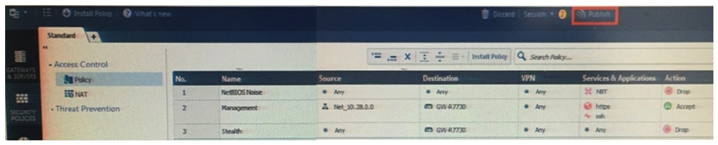 Alpha Corp., and have recently returned from a training course on Check Point's new advanced R80 management platform. You are presenting an in-house R80 Management to the other administrators in Alpha Corp.   How will you describe the new   Publish   button in R80 Management Console? A)  The Publish button takes any changes an administrator has made in their management session, publishes a copy to the Check Point of R80, and then saves it to the R80 database. B)  The Publish button takes any changes an administrator has made in their management session and publishes a copy to the Check Point Cloud of R80 and but does not save it to the R80 C)  The Publish button makes any changes an administrator has made in their management session visible to all other administrator sessions and saves it to the Database. D)  The Publish button makes any changes an administrator has made in their management session visible to the new Unified Policy session and saves it to the Database.