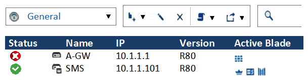 What does it mean if Deyra sees the gateway status? (Choose the BEST answer.)    A)  SmartCenter Server cannot reach this Security Gateway. B)  There is a blade reporting a problem. C)  VPN software blade is reporting a malfunction. D)  Security Gateway's MGNT NIC card is disconnected.