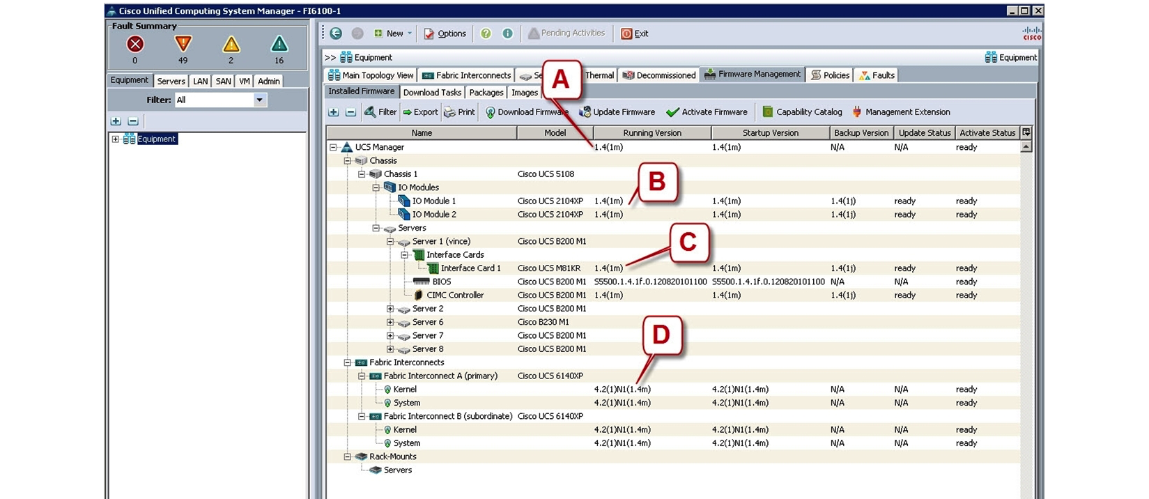 Refer to the exhibit.   Which call-out accurately shows the current running version of the Cisco UCS Manager management software? A)  A - UCS Manager running version 1.4(1m)  B)  B - IO Module 1 running version 1.4(1m)  C)  C - Interface Card 1 running version 1.4(1m)  D)  D - Kernel running version 4.2(1) N(1.4m) 