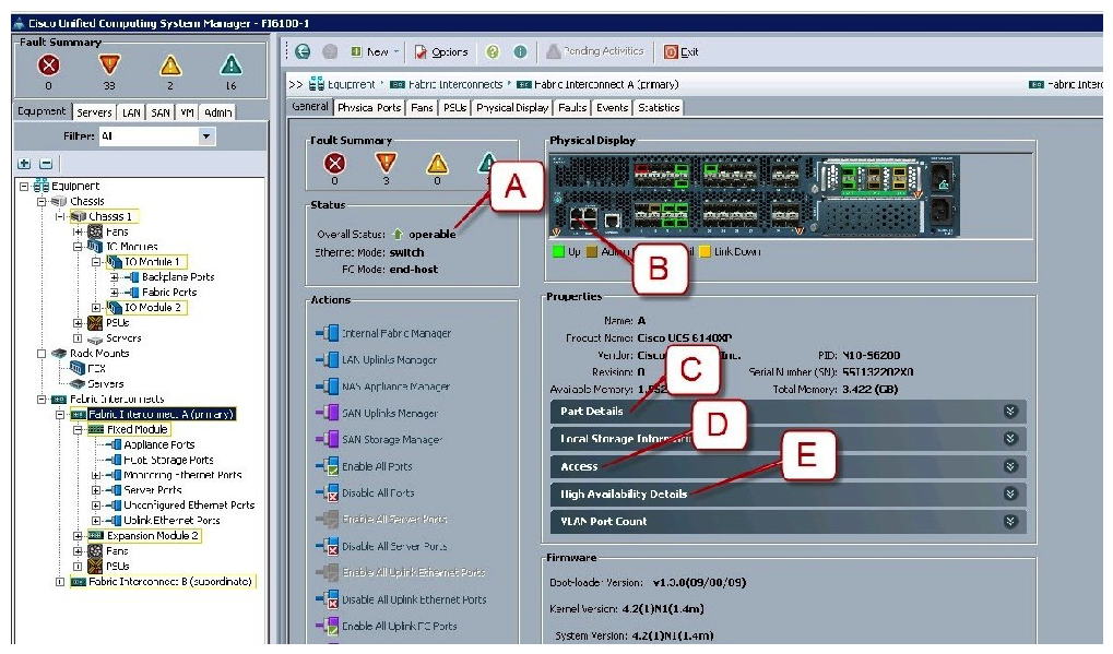 Refer to the exhibit.   Where is the best place to see whether the system is ready for a Fabric Interconnect failover? A)  A - Overall Status operable B)  B - L1 Connection C)  C - Part Details D)  D - Access E)  E - High Availability Details