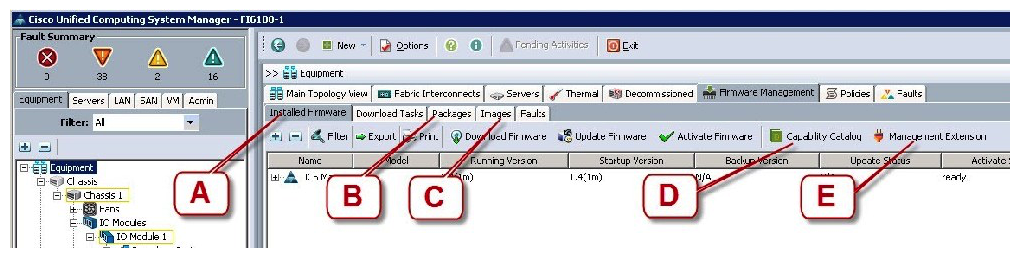 Refer to the exhibit.   Where is the best place to find the B200 BIOS version used in a specific Cisco UCS Manager version? A)  A - Installed Firmware B)  B - Packages C)  C - Images D)  D - Capability Catalog E)  E - Management Extension