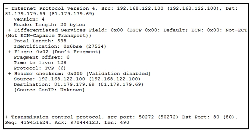   Refer to the exhibit. What should be interpreted from this packet capture? A)  IP address 179.179.69/50272/192.168.122.100/80/6 is sending a packet from port 80 of IP address 192.168.122.100 that is going to port 50272 of IP address 81.179.179.69 using IP protocol 6. B)  IP address 192.168.122.100/50272/81.179.179.69/80/6 is sending a packet from port 50272 of IP address 192.168.122.100 that is going to port 80 of IP address 81.179.179.69 using IP protocol 6. C)  IP address 192.168.122.100/50272/81.179.179.69/80/6 is sending a packet from port 80 of IP address 192.168.122.100 that is going to port 50272 of IP address 81.179.179.69 using IP protocol 6. D)  IP address 179.179.69/50272/192.168.122.100/80/6 is sending a packet from port 50272 of IP address 192.168.122.100 that is going to port 80 of IP address 81.179.179.69 using IP protocol 6.