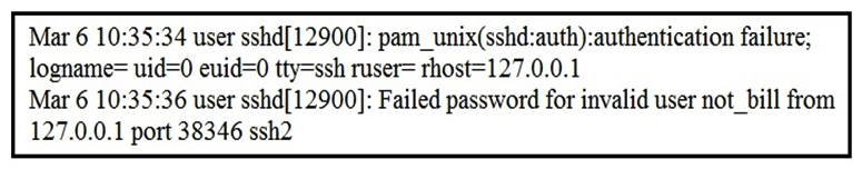   Refer to the exhibit. In which Linux log file is this output found? A)  /var/log/authorization.log B)  /var/log/dmesg C)  var/log/var.log D)  /var/log/auth.log