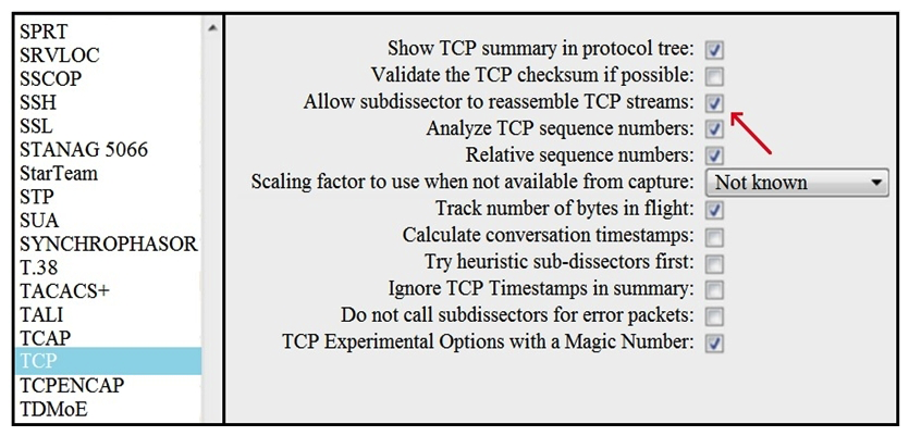   Refer to the exhibit. What is the expected result when the  Allow subdissector to reassemble TCP streams  feature is enabled? A)  insert TCP subdissectors B)  extract a file from a packet capture C)  disable TCP streams D)  unfragment TCP