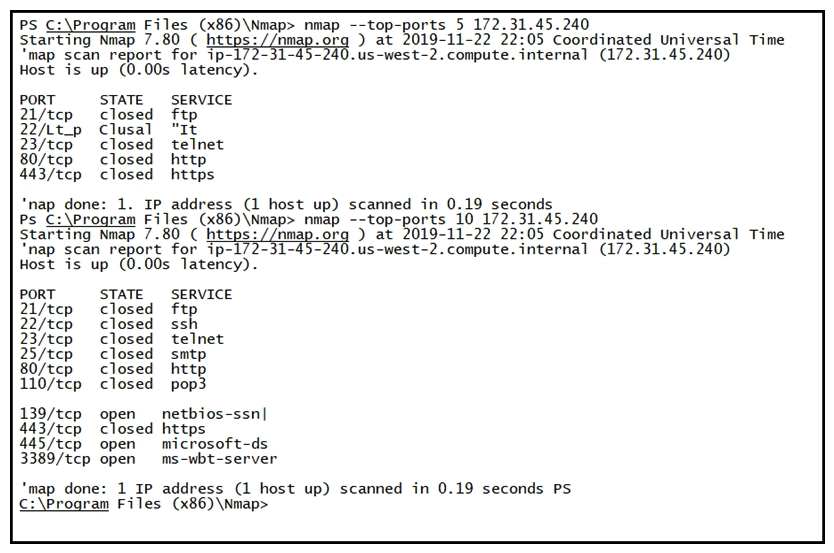   Refer to the exhibit. What does this output indicate? A)  HTTPS ports are open on the server. B)  SMB ports are closed on the server. C)  FTP ports are open on the server. D)  Email ports are closed on the server.