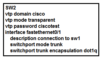   Refer to the exhibit. How does SW2 interact with other switches in this VTP domain? A)  It transmits and processes VTP updates from any VTP clients on the network on its trunk ports. B)  It processes VTP updates from any VTP clients on the network on its access ports. C)  It receives updates from all VTP servers and forwards all locally configured VLANs out all trunk ports. D)  It forwards only the VTP advertisements that it receives on its trunk ports.