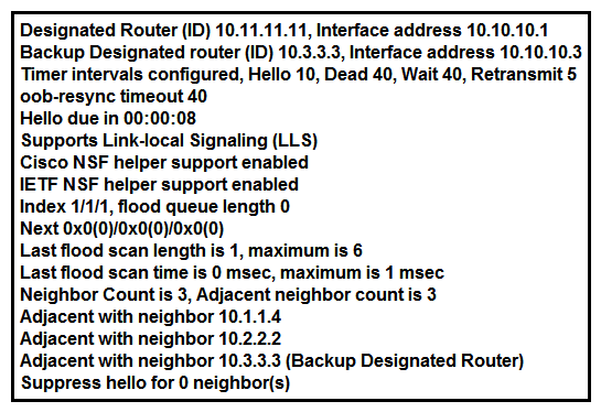   Refer to the exhibit. The show ip ospf interface command has been executed on R1. How is OSPF configured? A)  A point-to-point network type is configured. B)  The interface is not participating in OSPF. C)  The default Hello and Dead timers are in use. D)  There are six OSPF neighbors on this interface.