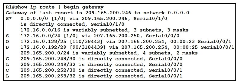   Refer to the exhibit. With which metric was the route to host 172.16.0.202 learned? A)  0 B)  110 C)  38443 D)  3184439