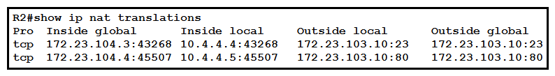   Refer to the exhibit. An engineer configured NAT translations and has verified that the configuration is correct. Which IP address is the source IP? A)  10.4.4.4 B)  10.4.4.5 C)  172.23.103.10 D)  172.23.104.4