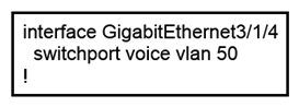 Refer to the exhibit. An administrator is tasked with configuring a voice VLAN. What is the expected outcome when a Cisco phone is connected to the GigabitEthernet 3/1/4 port on a switch?   A)  The phone and a workstation that is connected to the phone do not have VLAN connectivity. B)  The phone sends and receives data in VLAN 50, but a workstation connected to the phone sends and receives data in VLAN 1. C)  The phone sends and receives data in VLAN 50, but a workstation connected to the phone has no VLAN connectivity. D)  The phone and a workstation that is connected to the phone send and receive data in VLAN 50.