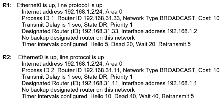 A network administrator is troubleshooting the OSPF configuration of routers R1 and R2. The routers cannot establish an adjacency relationship on their common Ethernet link.   The graphic shows the output of the show ip ospf interface e0 command for routers R1 and R2. Based on the information in the graphic, what is the cause of this problem? A)  The OSPF area is not configured properly. B)  The priority on R1 should be set higher. C)  The cost on R1 should be set higher. D)  The hello and dead timers are not configured properly. E)  A backup designated router needs to be added to the network. F)  The OSPF process ID numbers must match.