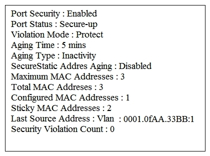 Refer to the exhibit. Which two statements about the interface that generated the output are true? (Choose two.)    A)  learned MAC addresses are deleted after five minutes of inactivity B)  the interface is error-disabled if packets arrive from a new unknown source address C)  it has dynamically learned two secure MAC addresses D)  it has dynamically learned three secure MAC addresses E)  the security violation counter increments if packets arrive from a new unknown source address