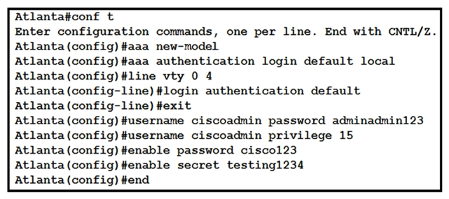   Refer to the exhibit. Which password must an engineer use to enter the enable mode? A)  adminadmin123 B)  cisco123 C)  default D)  testing1234