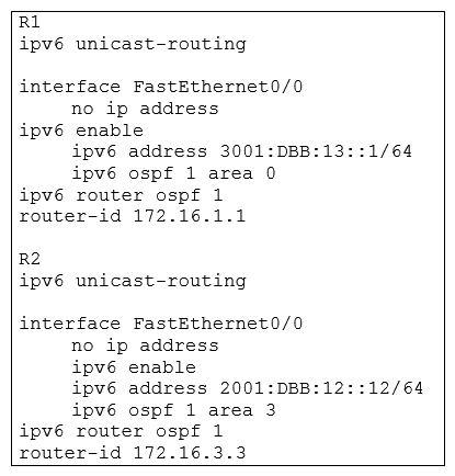 Refer to the exhibit. After you apply the given configurations to R1 and R2 you notice that OSPFv3 fails to start.   A)  The area numbers on R1 and R2 are mismatched B)  The IPv6 network addresses on R1 and R2 are mismatched C)  The autonomous system numbers on R1 and R2 are mismatched D)  The router ids on R1 and R2 are mismatched