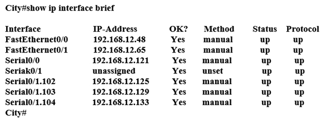 Refer to the exhibit. A network associate has configured OSPF with the command: City(config-router) # network 192.168.12.64 0.0.0.63 area 0 After completing the configuration, the associate discovers that not all the interfaces are participating in OSPF. Which three of the interfaces shown in the exhibit will participate in OSPF according to this configuration statement? (Choose three.)    A)  FastEthernet0 /0 B)  FastEthernet0 /1 C)  Serial0/0 D)  Serial0/1.102 E)  Serial0/1.103 F)  Serial0/1.104