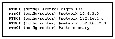 Refer to the exhibit. If RTR01 is configured as shown, which three addresses will be received by other routers that are running EIGRP on the network? (Choose three.)    A)  192.168.2.0 B)  10.4.3.0 C)  10.0.0.0 D)  172.16.0.0 E)  172.16.4.0 F)  192.168.0.0