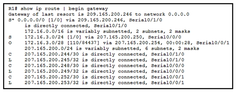   Refer to the exhibit. A packet is being sent across router R1 to host 172.16.3.14. To which destination does the router send the packet? A)  207.165.200.246 via Serial0/1/0 B)  207.165.200.254 via Serial0/0/0 C)  207.165.200.250 via Serial0/0/0 D)  207.165.200.254 via Serial0/0/1