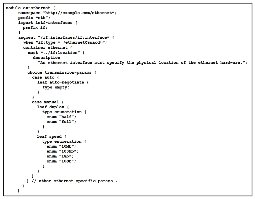 Refer to the exhibit.   What is represented in this YANG module? A)  interface management B)  BGP C)  OpenFlow D)  topology