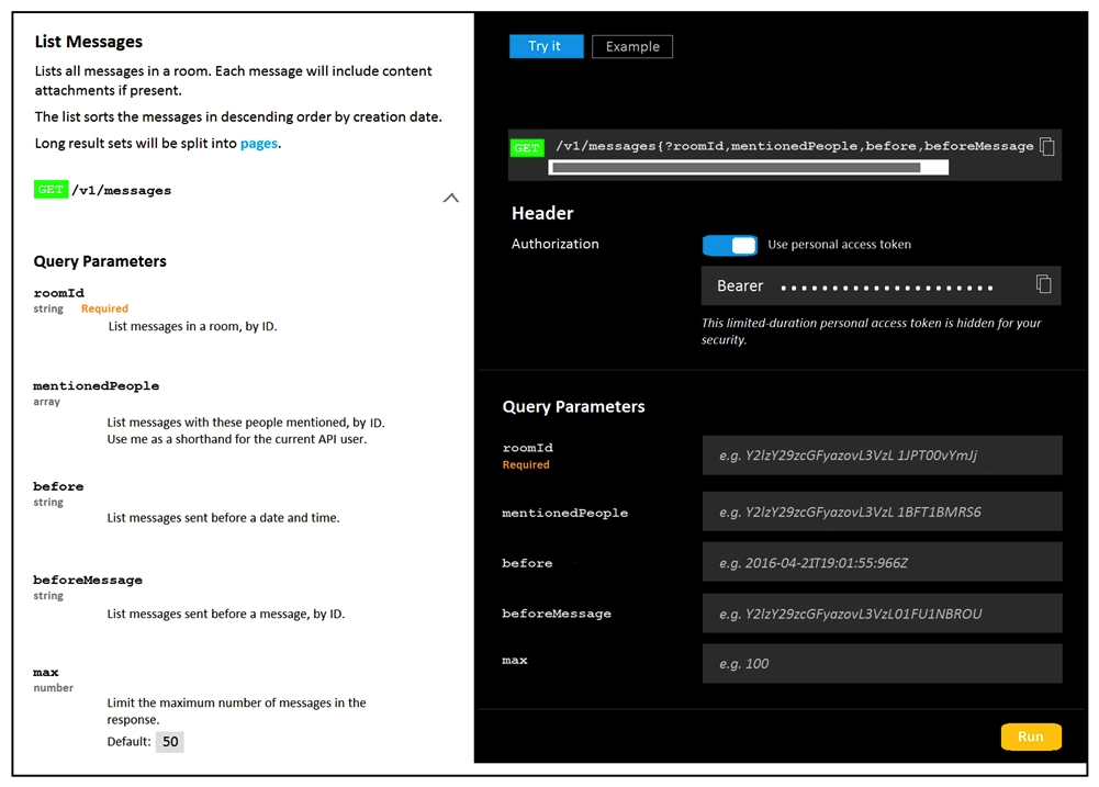 Refer to the exhibits.     A developer is troubleshooting an API with the given API documentation and cURL command. What is the cause of this problem? A)  The authorization header is missing or incomplete. B)  The request body is missing or incomplete. C)  The API token specified is expired. D)  The user is not allowed to post messages from their account.