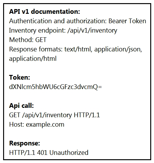 Refer to the exhibit.   An API call is constructed to retrieve the inventory in XML formal by using the API. The response to the call is 401 Unauthorized. Which two headers must he added to the API call? (Choose two.)  A)  Bearer-Token: dXNlcm5hbWU6cGFzc3dvemQ= B)  Content-Type: application/xml C)  Authentication: Bearer dXNlcm5hbWU6cGFzc3dvemQ= D)  Accept: application/xml E)  Authorization: Bearer dXNlcm5hbWU6cGFzc3dvemQ=