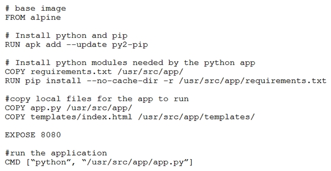 Refer to the exhibit.   Which function does the EXPOSE line perform when building an image from this Dockerfile? A)  Local port 8080 of the container that launched with this docker image is accessible from co-hosted containers and external clients. B)  Local port 8080 is not reachable at all because no IP address is specified along with the EXPOSE command of the Dockerfile. C)  Local port 8080 is accessible from other containers running on the same docker host as the container that launched with this docker image. D)  Local port 8080 of the container that launched with this docker image is accessible to external clients.