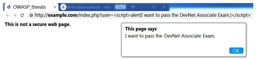 Refer to the exhibit.   Which OWASP threat does this example demonstrate? A)  broken access control B)  cross-site scripting C)  SQL injection D)  man-in-the-middle