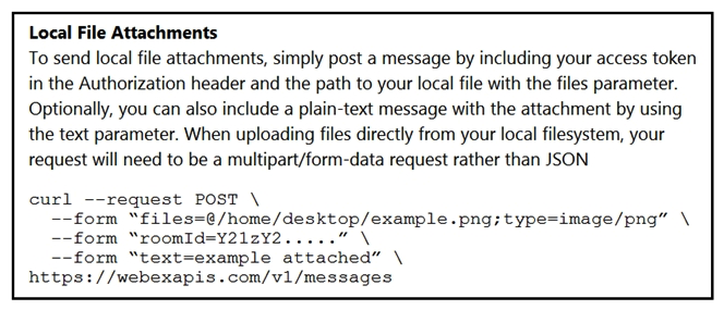 Refer to the exhibit.   A developer needs to upload a local file by using the REST API. The developer gathers information according to the documentation and sends the request by using the cURL command in the exhibit but gets an error code. Which action should be followed to get a valid response? A)  change content-type as JSON B)  add the authorization header with the access token C)  and a username-password combination to request command D)  change request method as GET