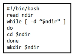 Refer to the exhibit.   What is the action of the Bash script that is shown? A)  For all directories in the current folder, the script goes into the directory and makes a new directory. B)  The script waits until input is entered. If the directory exists, the script goes into it until there is no directory with the same name, then it creates a new directory. C)  The script waits until input is entered, then it goes into the directory entered and creates a new directory with the same name. D)  The script goes into the directory called  $ndir  and makes a new directory called  $ndir .