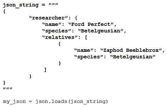 Refer to the exhibit.   Which Python data structure does my_json contain? A)  map B)  list C)  json D)  dict