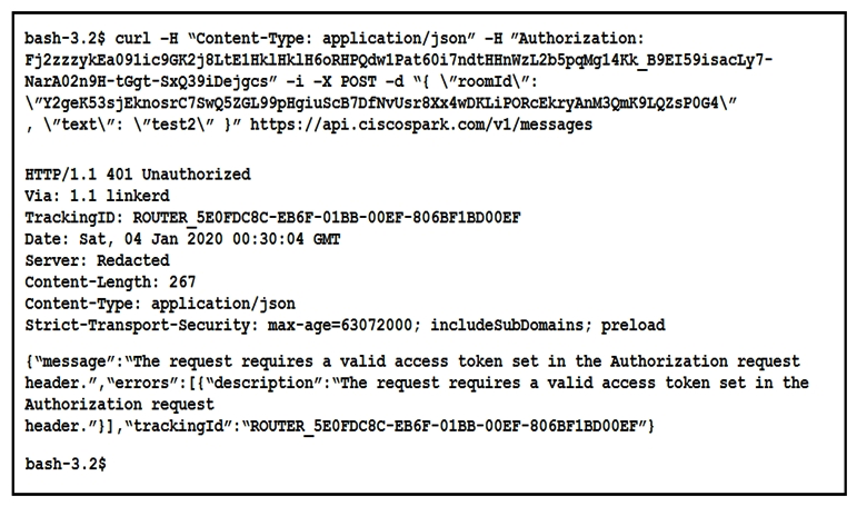 Refer to the exhibit.     A developer is troubleshooting an API with the given API documentation and cURL command. What is the cause of this problem? A)  The authorization header is missing or incomplete. B)  The request body is missing or incomplete. C)  The API token specified is expired. D)  The user is not allowed to post messages from their account.