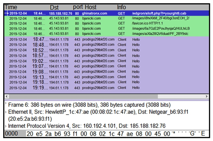   Refer to the exhibit. A network engineer is analyzing a Wireshark file to determine the HTTP request that caused the initial Ursnif banking Trojan binary to download. Which filter did the engineer apply to sort the Wireshark traffic logs? A)  http.request.un matches B)  tls.handshake.type ==1 C)  tcp.port eq 25 D)  tcp.window_size ==0