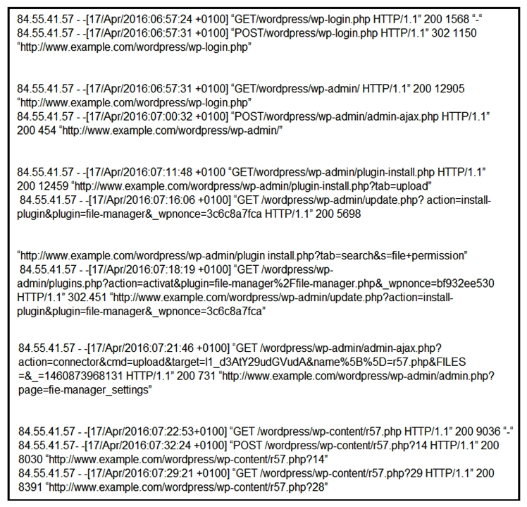   Refer to the exhibit. Which two determinations should be made about the attack from the Apache access logs? (Choose two.)  A)  The attacker used r57 exploit to elevate their privilege. B)  The attacker uploaded the word press file manager trojan. C)  The attacker performed a brute force attack against word press and used sql injection against the backend database. D)  The attacker used the word press file manager plugin to upoad r57.php. E)  The attacker logged on normally to word press admin page.