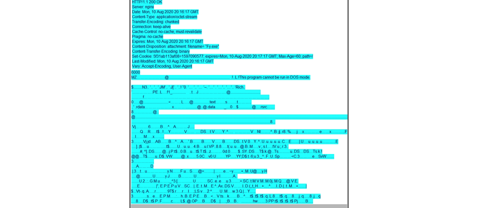   Refer to the exhibit. According to the Wireshark output, what are two indicators of compromise for detecting an Emotet malware download? (Choose two.)  A)  Domain name:iraniansk.com B)  Server: nginx C)  Hash value: 5f31ab113af08=1597090577 D)  filename=  Fy.exe  E)  Content-Type: application/octet-stream