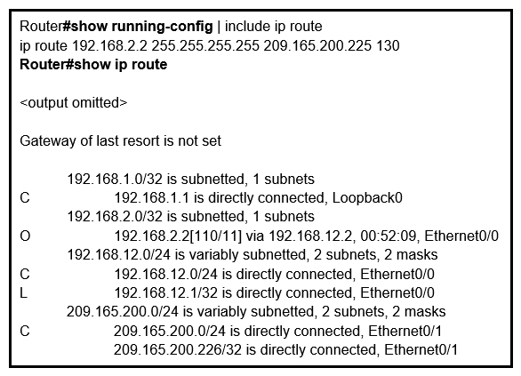 Refer to the exhibit. An engineer configures a static route on a router, but when the engineer checks the route to the destination, a different next hop is chosen. What is the reason for this?   A)  Dynamic routing protocols always have priority over static routes. B)  The metric of the OSPF route is lower than the metric of the static route. C)  The configured AD for the static route is higher than the AD of OSPF. D)  The syntax of the static route is not valid, so the route is not considered.