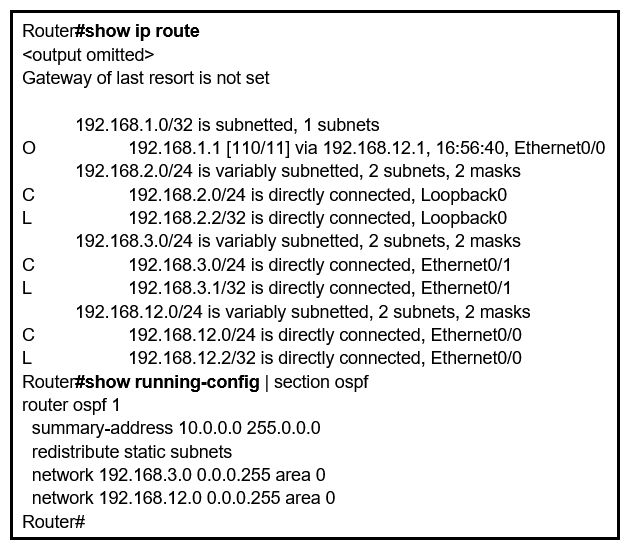 Refer to the exhibit. An engineer is trying to generate a summary route in OSPF for network 10.0.0.0/8, but the summary route does not show up in the routing table. Why is the summary route missing?   A)  The summary-address command is used only for summarizing prefixes between areas. The summary-address command is used only for summarizing prefixes between areas. B)  The summary route is visible only in the OSPF database, not in the routing table. C)  There is no route for a subnet inside 10.0.0.0/8, so the summary route is not generated. D)  The summary route is not visible on this router, but it is visible on other OSPF routers in the same area.