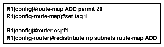   Refer to the exhibit. Which statement about R1 is true? A)  OSPF redistributes RIP routes only if they have a tag of one. B)  RIP learned routes are distributed to OSPF with a tag value of one. C)  R1 adds one to the metric for RIP learned routes before redistributing to OSPF. D)  RIP routes are redistributed to OSPF without any changes.