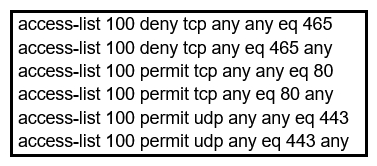   Refer to the exhibit. During troubleshooting it was discovered that the device is not reachable using a secure web browser. What is needed to fix the problem? A)  permit tcp port 443 B)  permit udp port 465 C)  permit tcp port 465 D)  permit tcp port 22