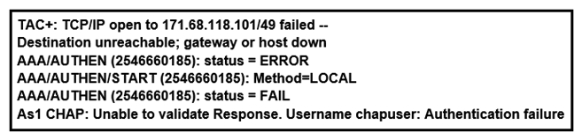   Refer to the exhibit. Why is user authentication being rejected? A)  The TACACS+ server expects  user , but the NT client sends  domain / user . B)  The TACACS+ server refuses the user because the user is set up for CHAP. C)  The TACACS+ server is down, and the user is in the local database. D)  The TACACS+ server is down, and the user is not in the local database.