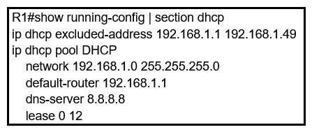 Refer to the exhibit. Users report that IP addresses cannot be acquired from the DHCP server. The DHCP server is configured as shown. About 300 total nonconcurrent users are using this DHCP server, but none of them are active for more than two hours per day. Which action fixes the issue within the current resources?   A)  Modify the subnet mask to the network 192.168.1.0 255.255.254.0 command in the DHCP pool Modify the subnet mask to the network 192.168.1.0 255.255.254.0 command in the DHCP pool B)  Configure the DHCP lease time to a smaller value C)  Configure the DHCP lease time to a bigger value D)  Add the network 192.168.2.0 255.255.255.0 command to the DHCP pool Add the network 192.168.2.0 255.255.255.0 command to the DHCP pool