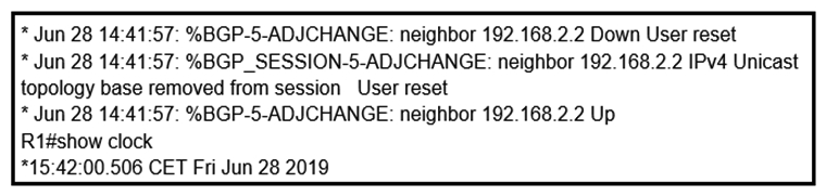   Refer to the exhibit. An engineer is troubleshooting BGP on a device but discovers that the clock on the device does not correspond to the time stamp of the log entries. Which action ensures consistency between the two times? A)  Configure the service timestamps log uptime command in global configuration mode. Configure the service timestamps log uptime command in global configuration mode. B)  Configure the logging clock synchronize command in global configuration mode. logging clock synchronize C)  Configure the service timestamps log datetime localtime command in global configuration mode. service timestamps log datetime localtime D)  Make sure that the clock on the device is synchronized with an NTP server.
