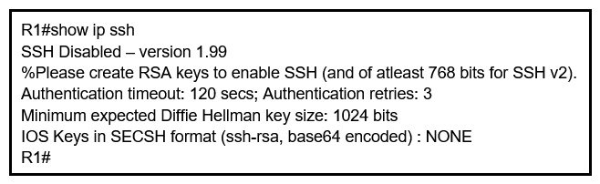 Refer to the exhibit. An engineer is trying to connect to a device with SSH but cannot connect. The engineer connects by using the console and finds the displayed output when troubleshooting. Which command must be used in configuration mode to enable SSH on the device?   A)  no ip ssh disable B)  ip ssh enable C)  ip ssh version 2 D)  crypto key generate rsa