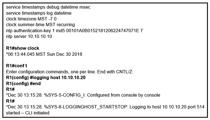 Refer to the exhibit. An administrator noticed that after a change was made on R1, the timestamps on the system logs did not match the clock. What is the reason for this error?   A)  An authentication error with the NTP server results in an incorrect timestamp. B)  The keyword localtime is not defined on the timestamp service command. The keyword localtime is not defined on the timestamp service command. C)  The NTP server is in a different time zone. D)  The system clock is set incorrectly to summer-time hours.