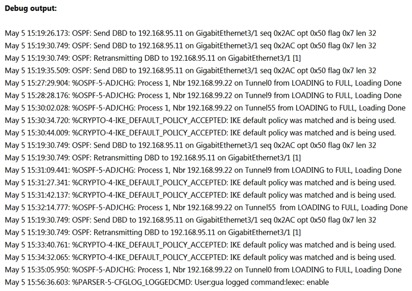   Refer to the exhibit. A network administrator is troubleshooting OSPF adjacency issue by going through the console logs in the router, but due to an overwhelming log messages stream, it is impossible to capture the problem. Which two commands reduce console log messages to relevant OSPF neighbor problem details so that the issue can be resolved? (Choose two.)  A)  debug condition ospf neighbor B)  debug condition interface C)  debug condition session-id ADJCHG D)  debug condition all