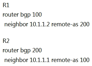   Refer to the exhibit. The R1 and R2 configurations are:   The neighbor relationship is not coming up. Which two sets of configurations bring the neighbors up? (Choose two.)  A)    B)    C)    D)    E)   