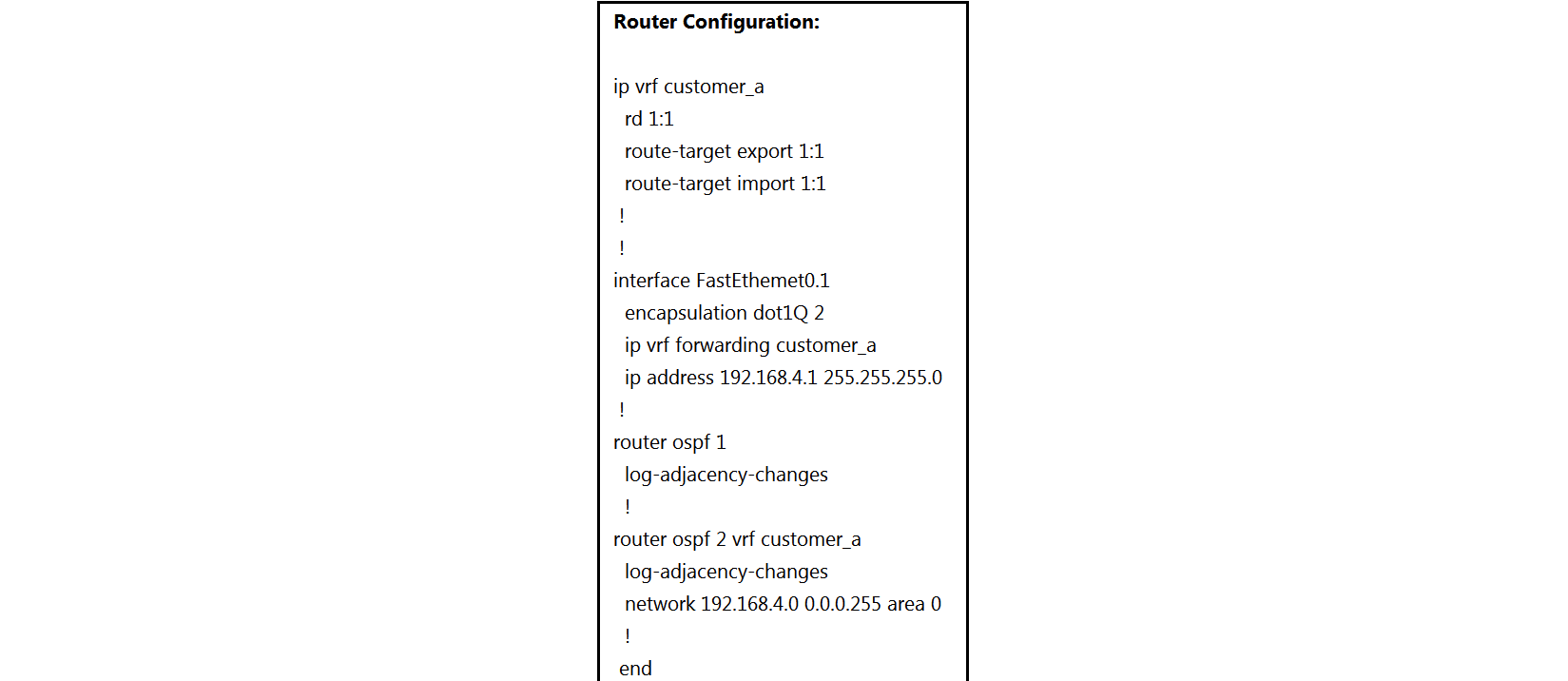 <strong>  Refer to the exhibit. The network administrator configured VRF lite for customer A. The technician at the remote site misconfigured VRF on the router. Which configuration will resolve connectivity for both sites of customer_a ?</strong> A)   B)   C)   D)   <div style=padding-top: 35px> 
