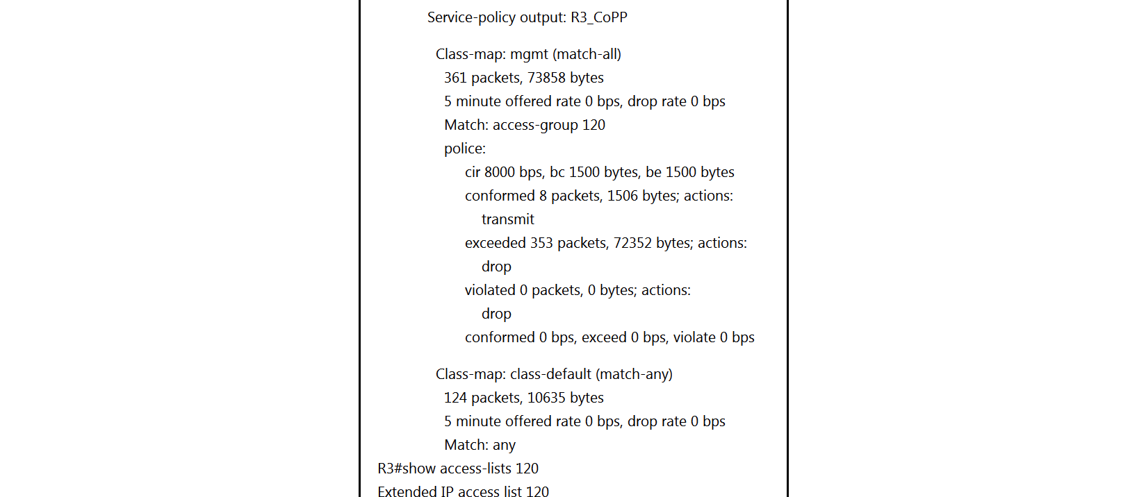   Refer to the exhibit. Which action resolves intermittent connectivity observed with the SNMP trap rackets? A)  Decrease the committed burst size of the mgmt class map. B)  Increase the CIR of the mgmt class map. C)  Add one new entry in the ACL 120 to permit the UDP port 161. D)  Add a new class map to match TCP traffic.
