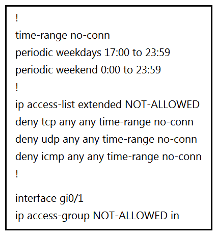  Refer to the exhibit. A network administrator wants to block all traffic toward the Internet after business hours and on weekends. When the administrator applies an access list on interface Gi0/1, all traffic is blocked and there is no access to the Internet at any time. Which action resolves the issue? A)  Add the permit ip any any time-range no-conn statement after the deny udp any any time-range no-conn command in the access list. Add the permit ip any any time-range no-conn statement after the deny udp any any time-range no-conn command in the access list. B)  Add the permit ip any any statement after the deny icmp any any time-range no-conn command in the access list. permit ip any any deny icmp any any time-range no-conn command in the access list. C)  Add the permit allowed time-range no-conn statement after the deny icmp any any time-range no-conn command in the access list. Add the permit allowed time-range no-conn statement after the D)  Add the permit ip any any time-range no-conn statement after the deny icmp any any time-range no-conn command in the access list.