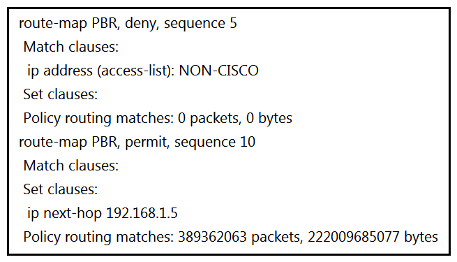 An engineer configured access list NON-CISCO in a policy to influence routes.   What are the two effects of this route map configuration? (Choose two.)  A)  Packets are forwarded using normal route lookup. B)  Packets are forwarded to the default gateway. C)  Packets are dropped by the access list. D)  Packets are evaluated by sequence 10. E)  Packets are not evaluated by sequence 10.